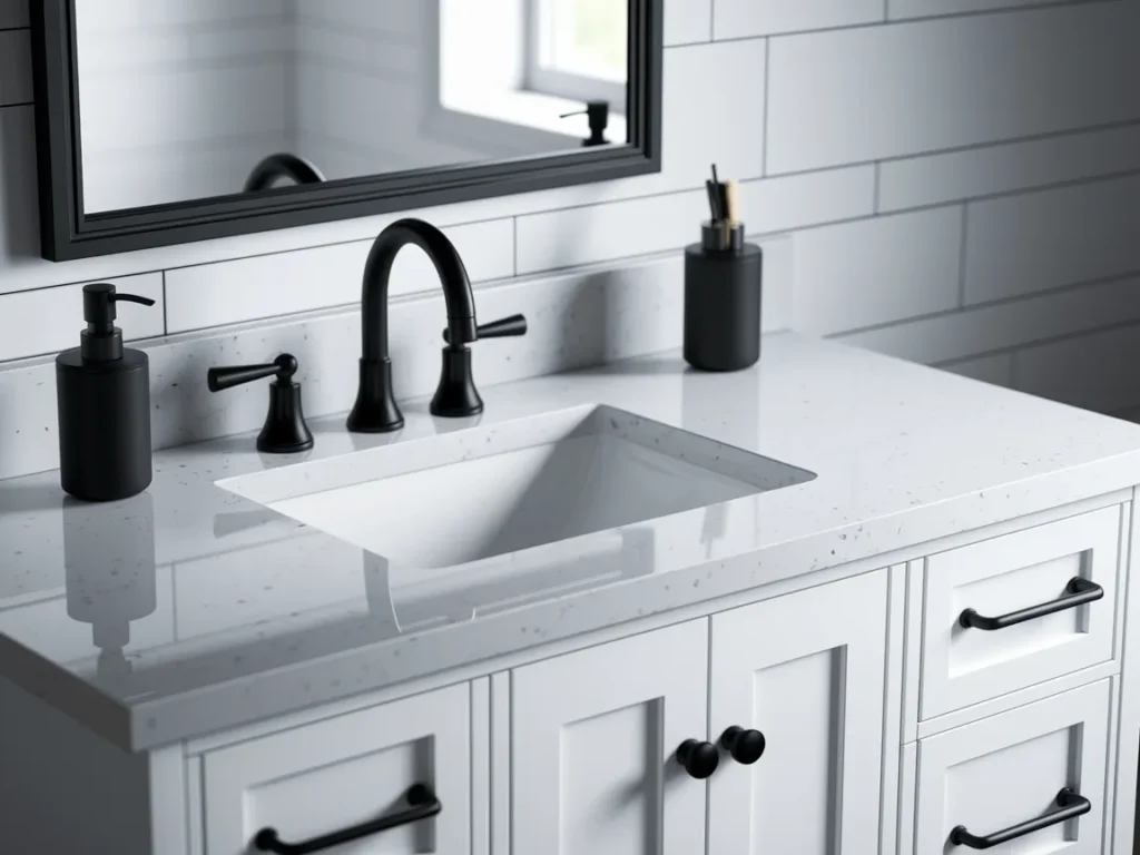 detailed view of a farmhouse bathroom vanity 
