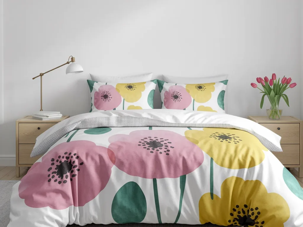 duvet cover with large watercolor flowers in pinks