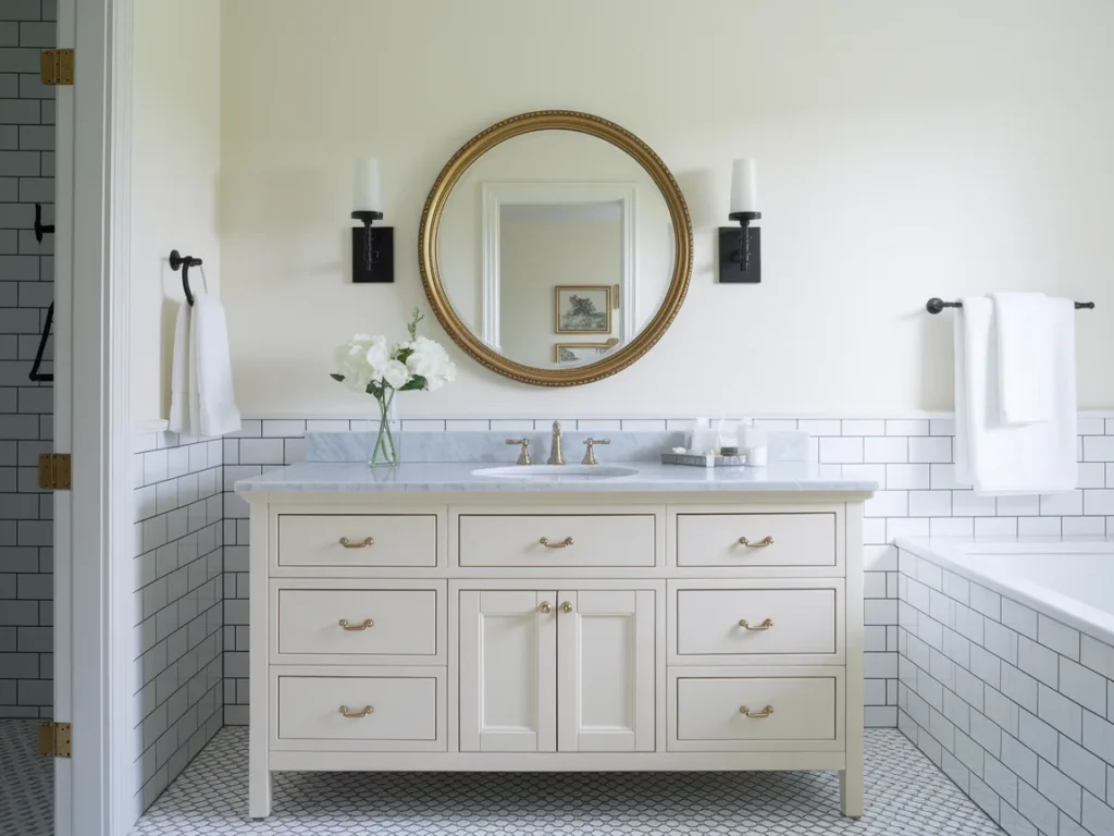elegant bathroom vanity with polished brass faucets