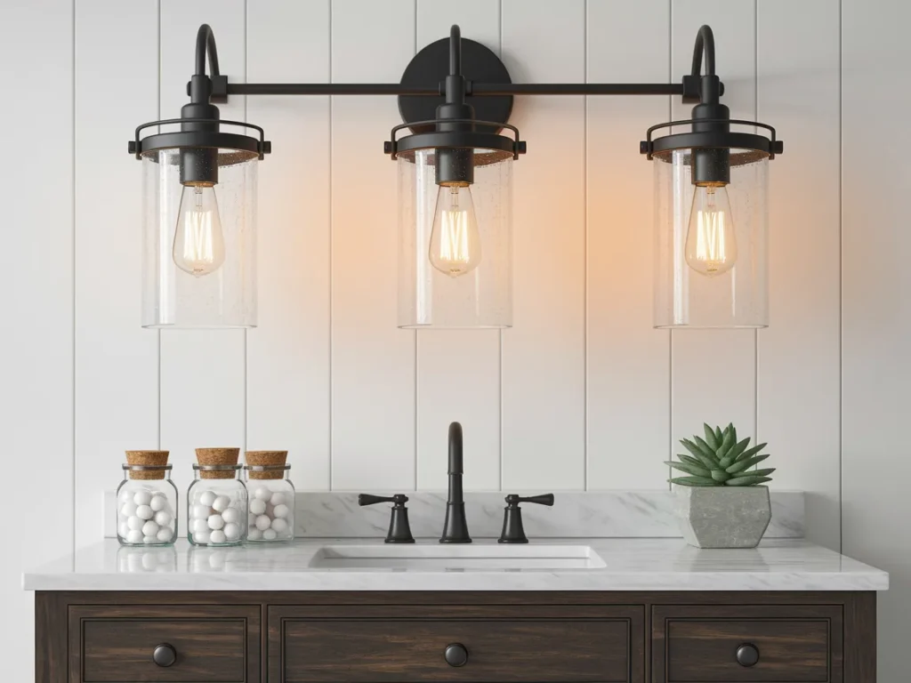 farmhouse bathroom vanity illuminated by a three-light