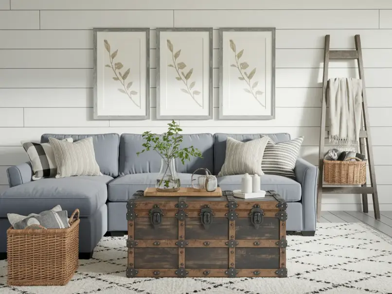 farmhouse living room featuring a modern gray