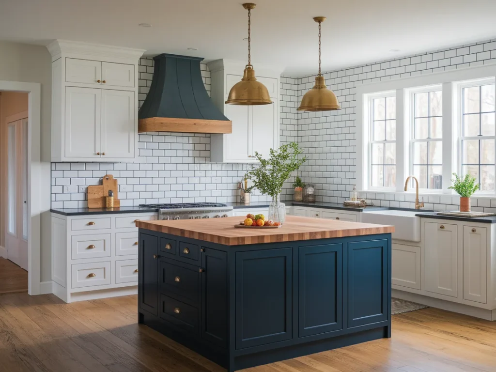 farmhouse-modern kitchen with white upper cabinets