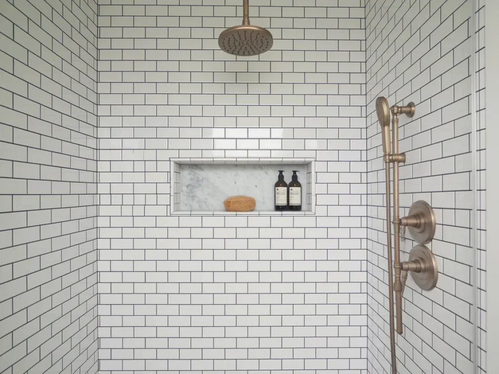 farmhouse walk-in shower with classic white subway tiles