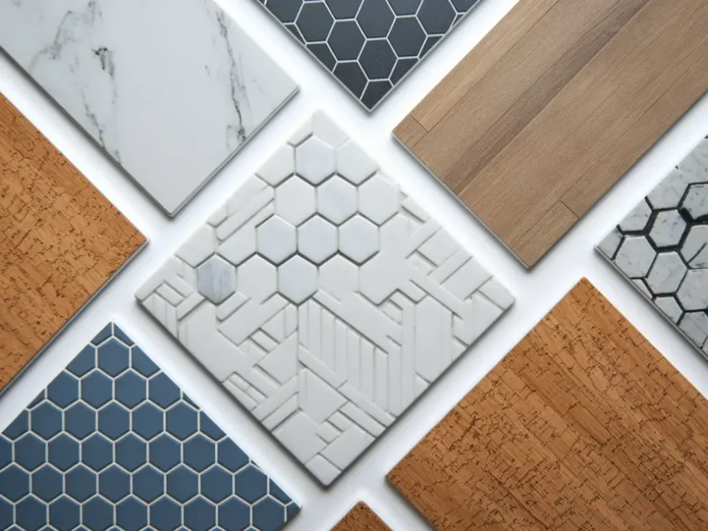 flat-lay arrangement of bathroom flooring material samples