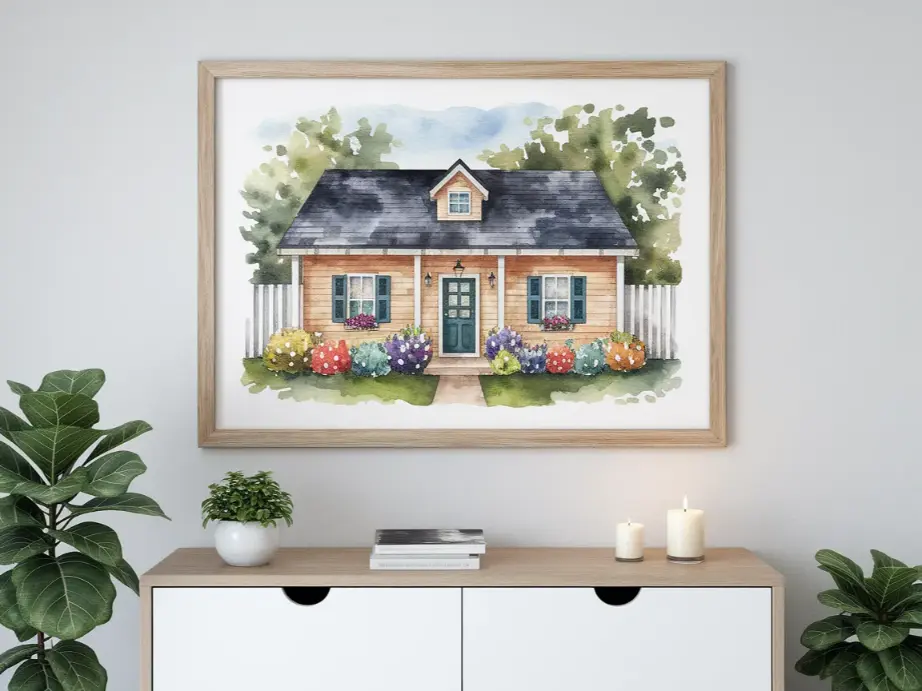framed watercolor house portrait hanging on a white wall