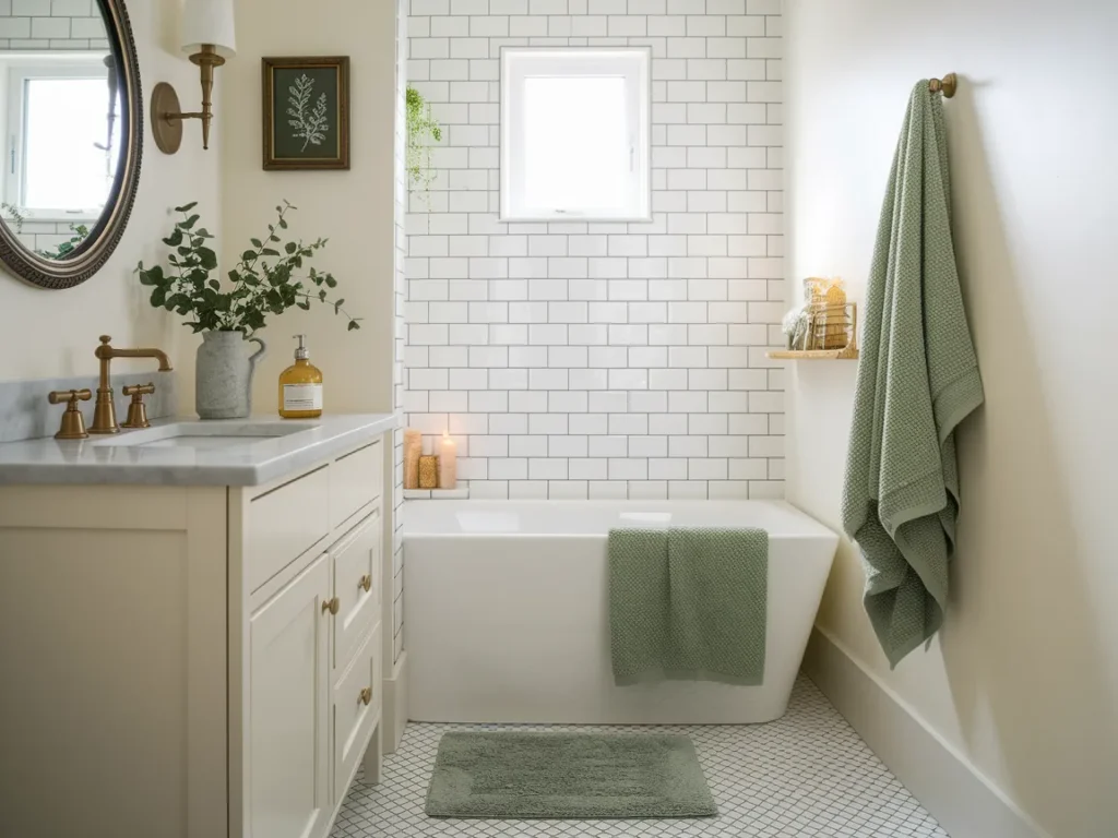 fully styled small bathroom with matching white towels