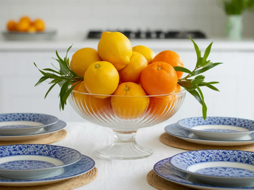 ibrant centerpiece with whole lemons and oranges