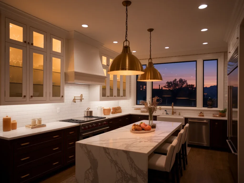 kitchen at twilight with warm layered lighting
