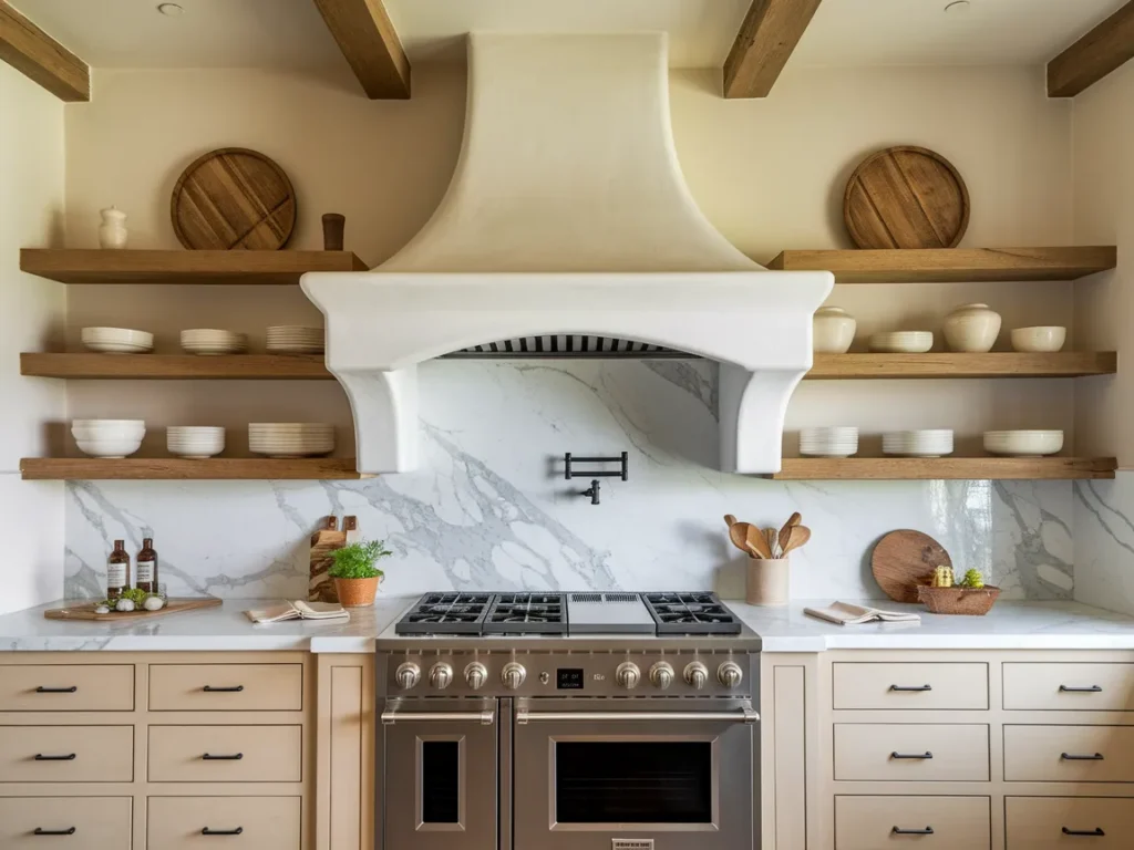 kitchen with a large white plaster range hood