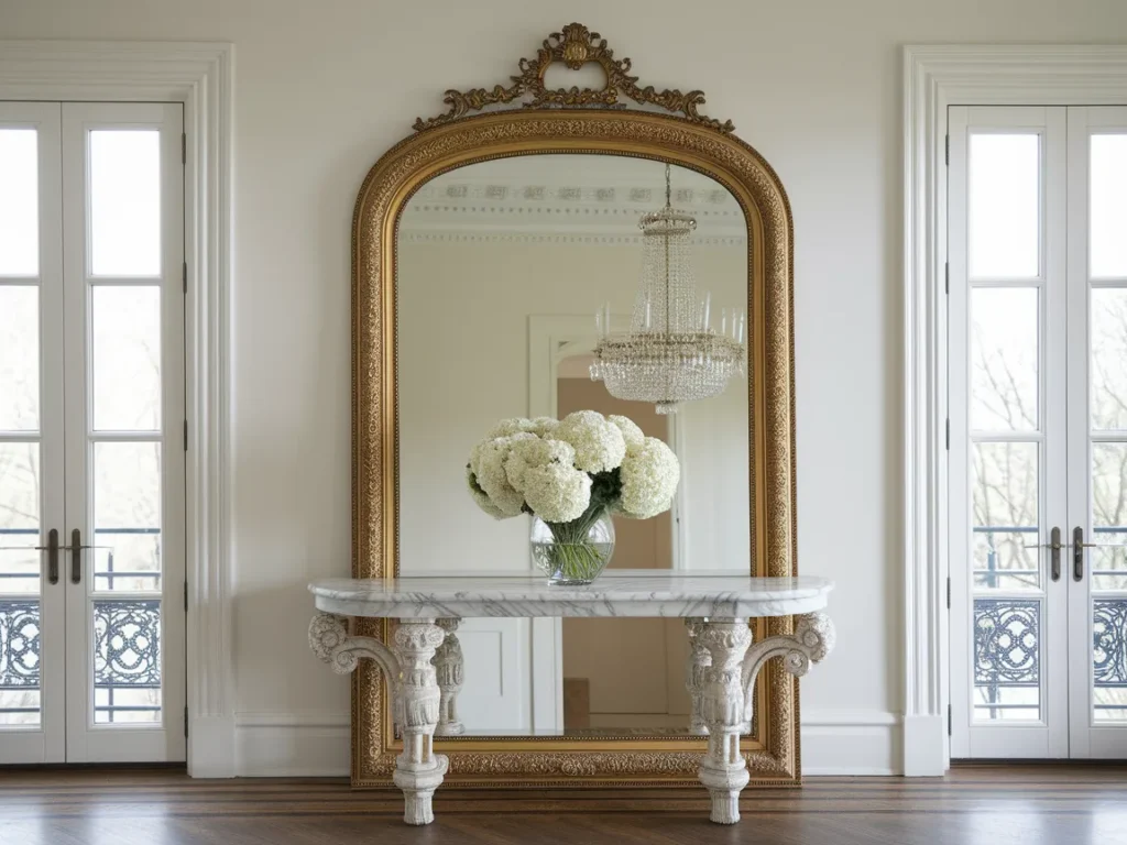 large ornate gilded mirror leaning against a white wall