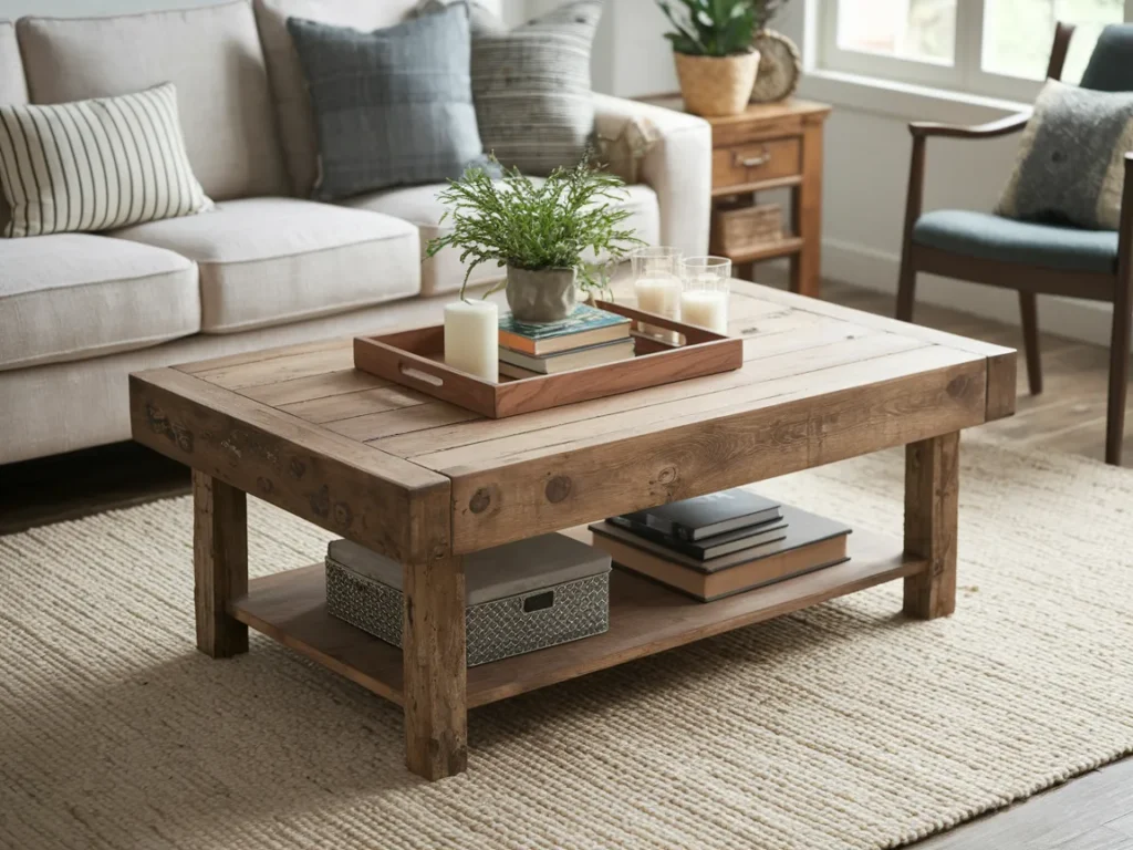 large reclaimed wood coffee table as the centerpiece