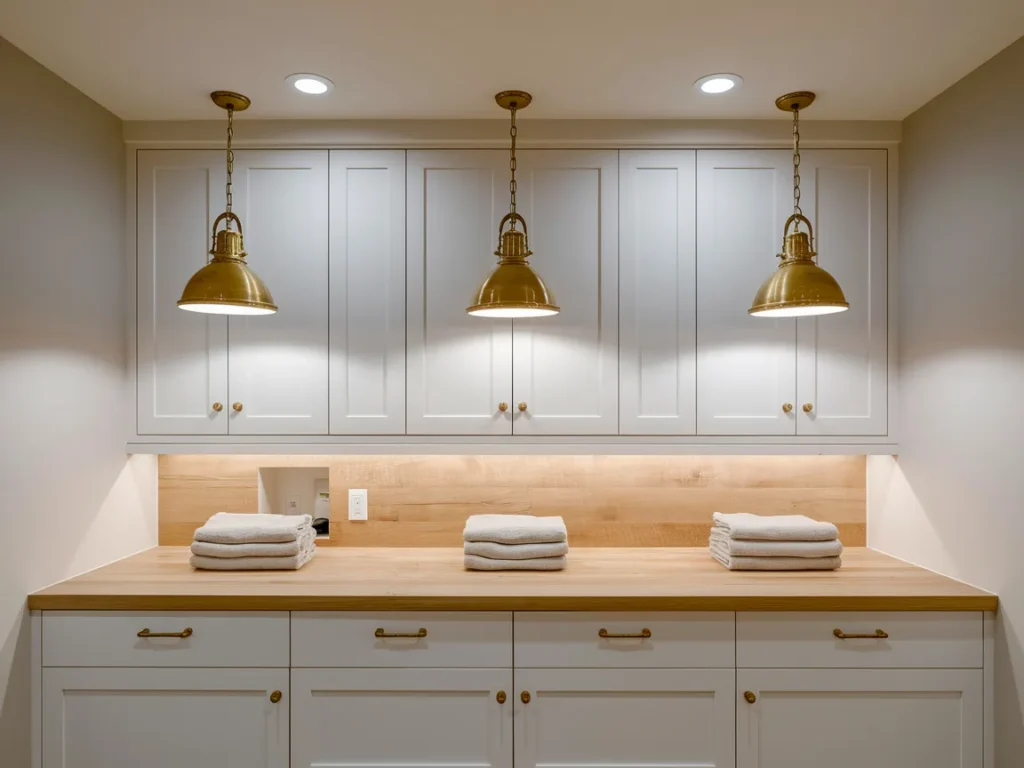laundry room with elegant brass pendant lights 
