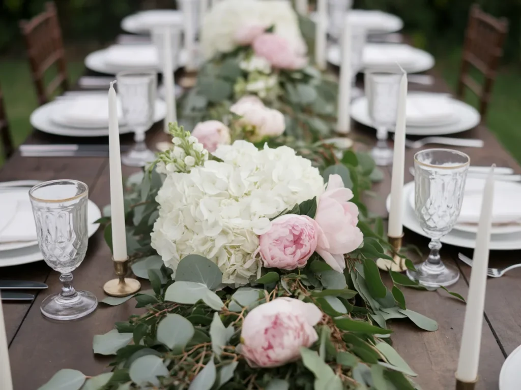 lush floral garland table runner featuring white hydrangeas