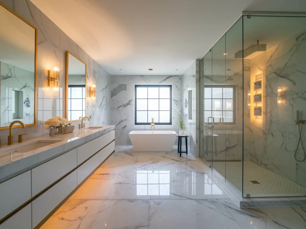 luxury bathroom with large-format gray porcelain floor tiles