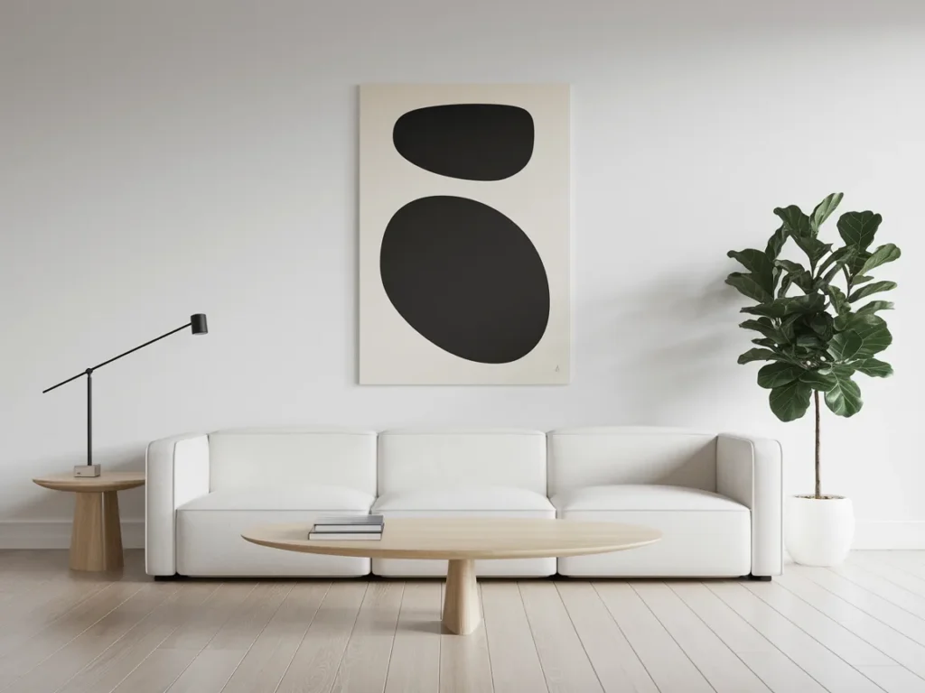 minimalist apartment living room with a white low-profile sofa