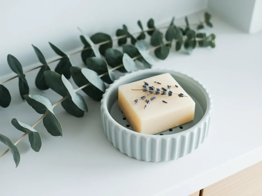 minimalist handmade ceramic soap dish in soft gray-blue