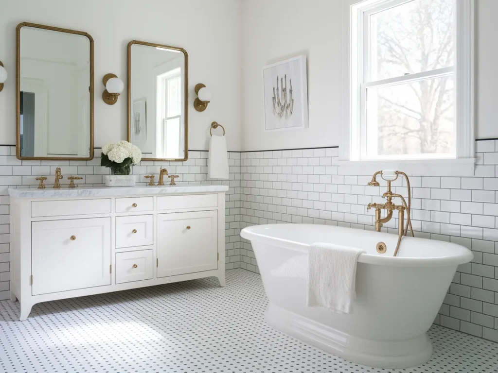 modern bathroom with large white porcelain floor tiles