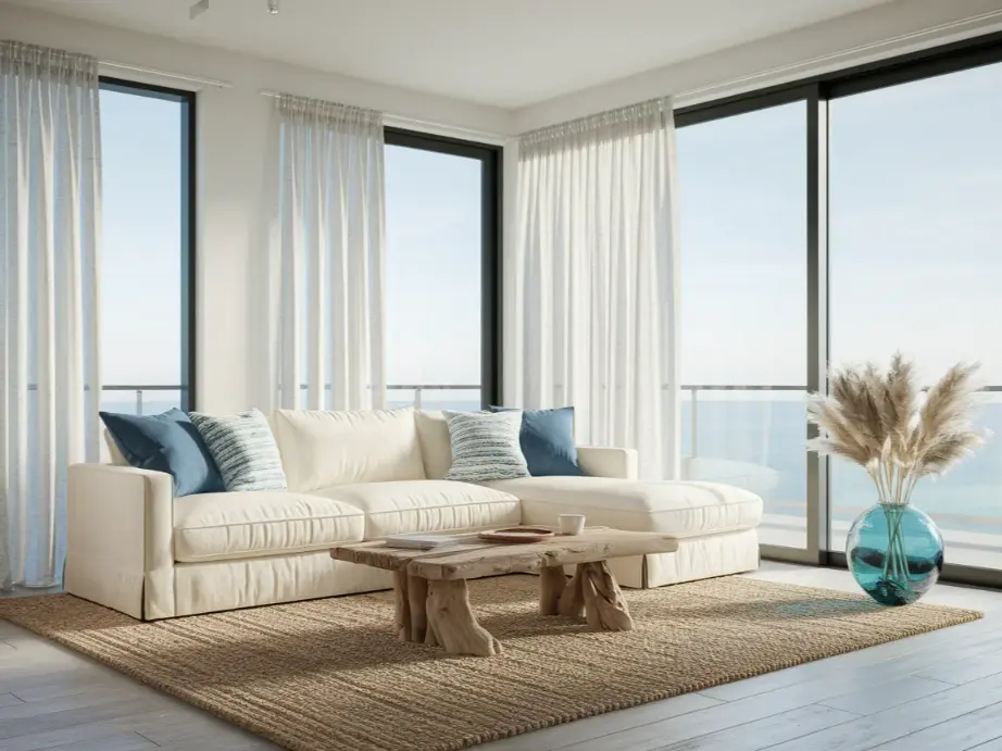 modern coastal apartment living room with a cream linen sofa