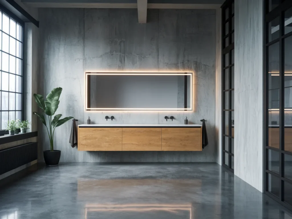 modern industrial-style bathroom with polished concrete flooring