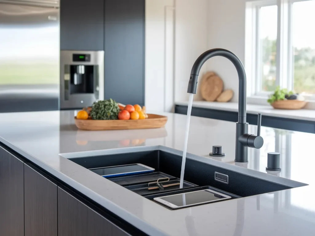 modern kitchen with a touchless matte black faucet running water 