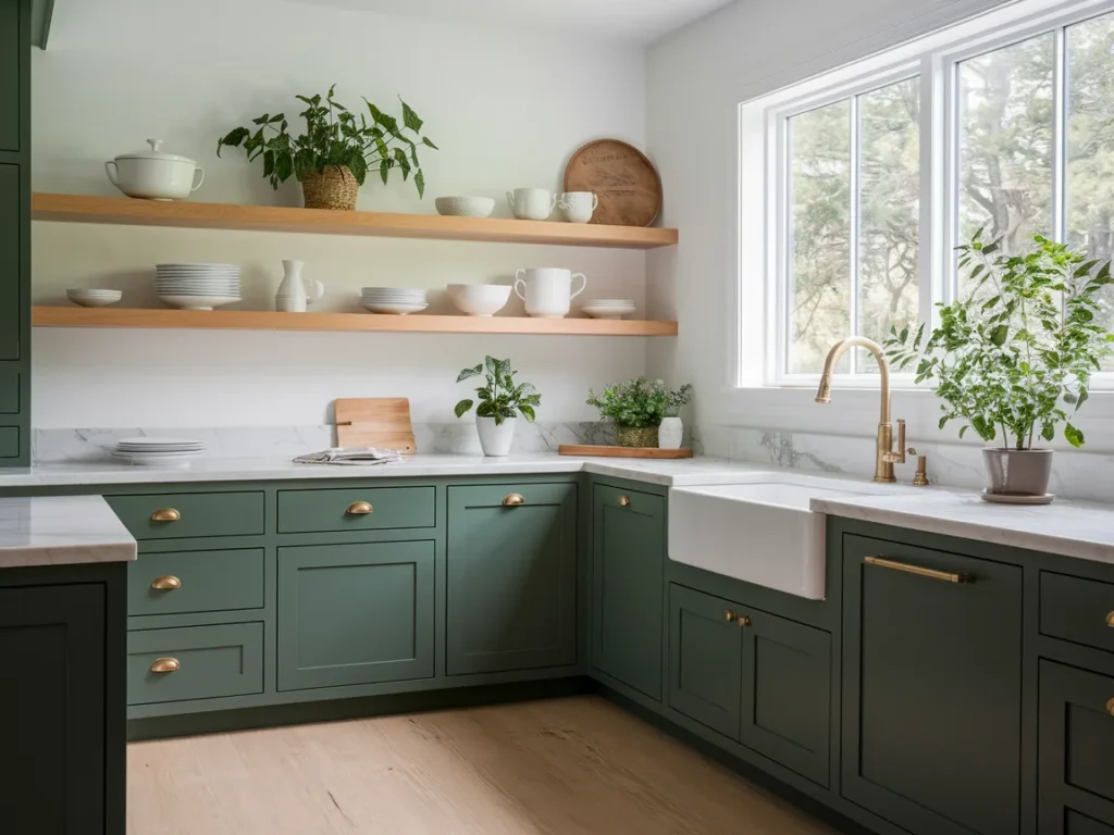 modern kitchen with deep sage green lower cabinets