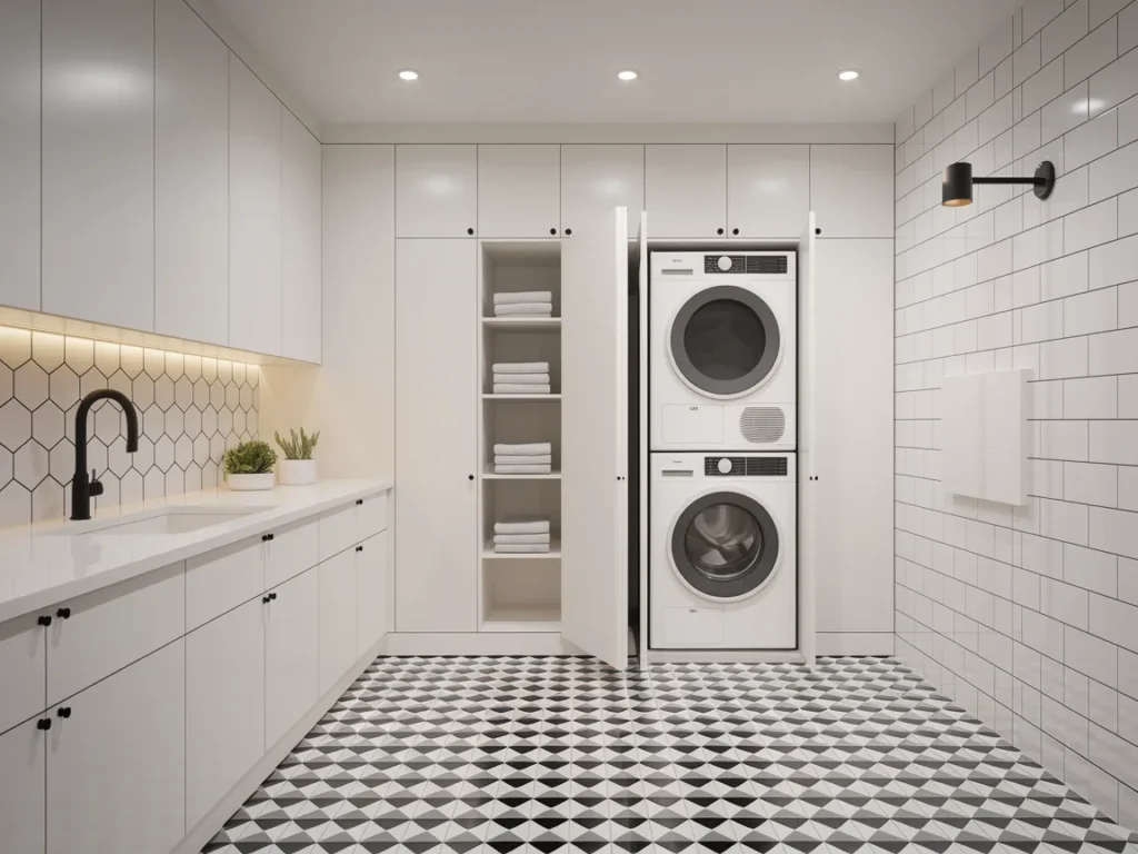modern laundry room with sleek white handleless