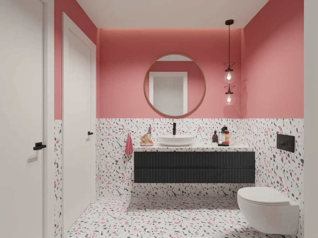 modern powder room with a terrazzo floor