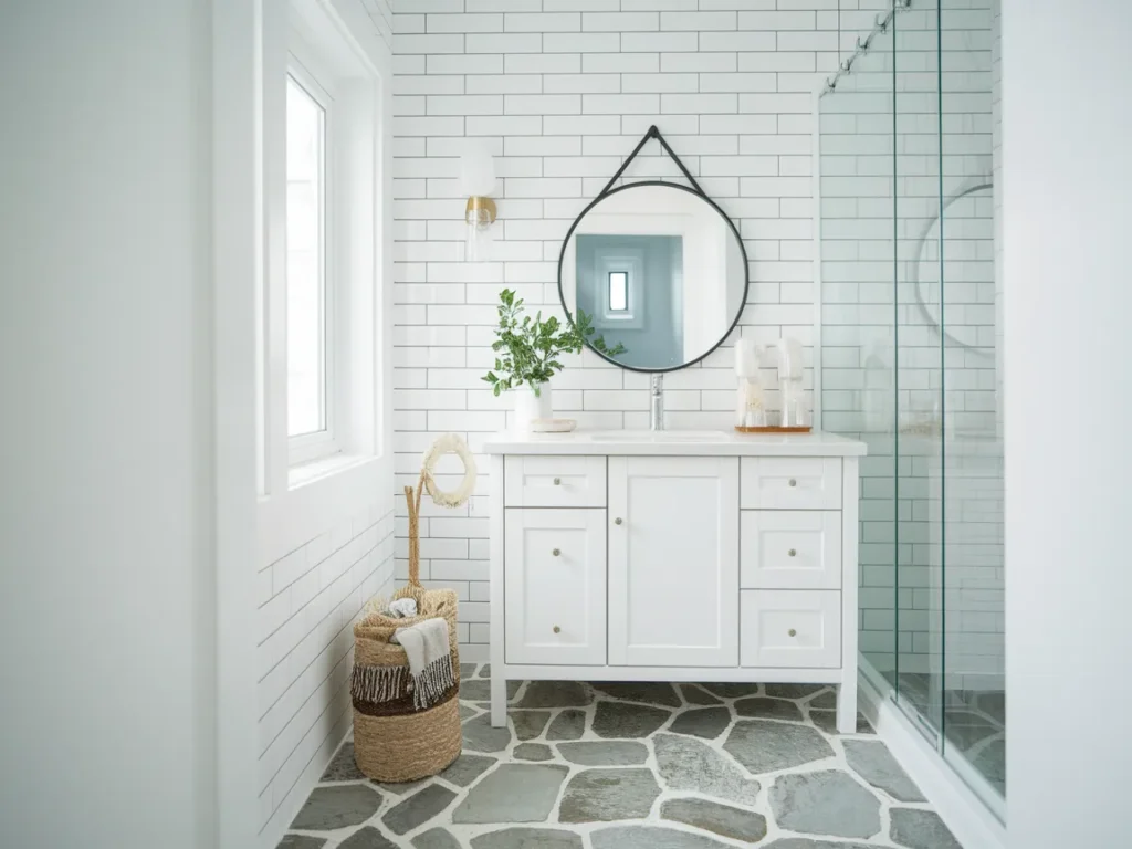 modern small bathroom with stone-look sheet