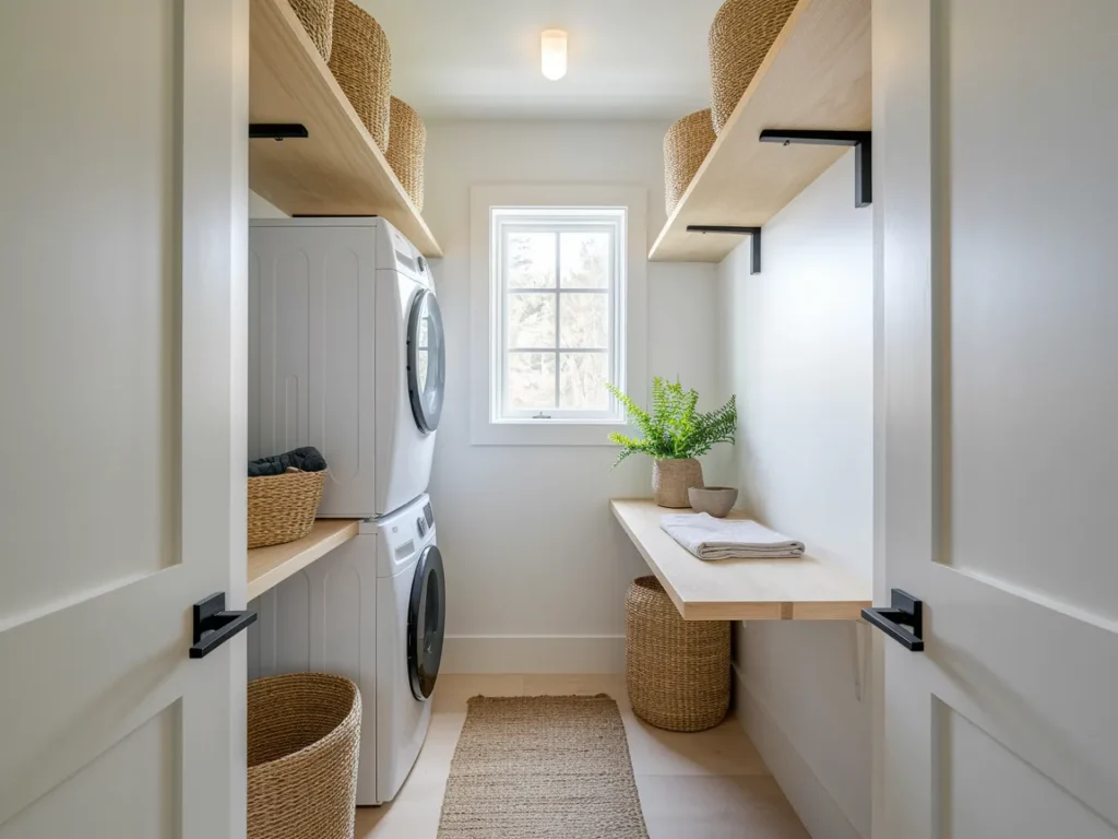 modern stacked washer and dryer in a small