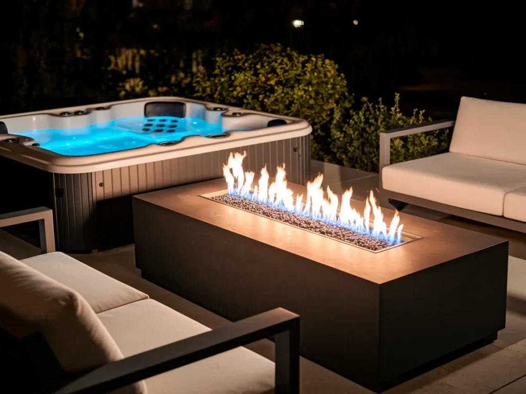 nighttime scene with a 2 person outdoor jacuzzi