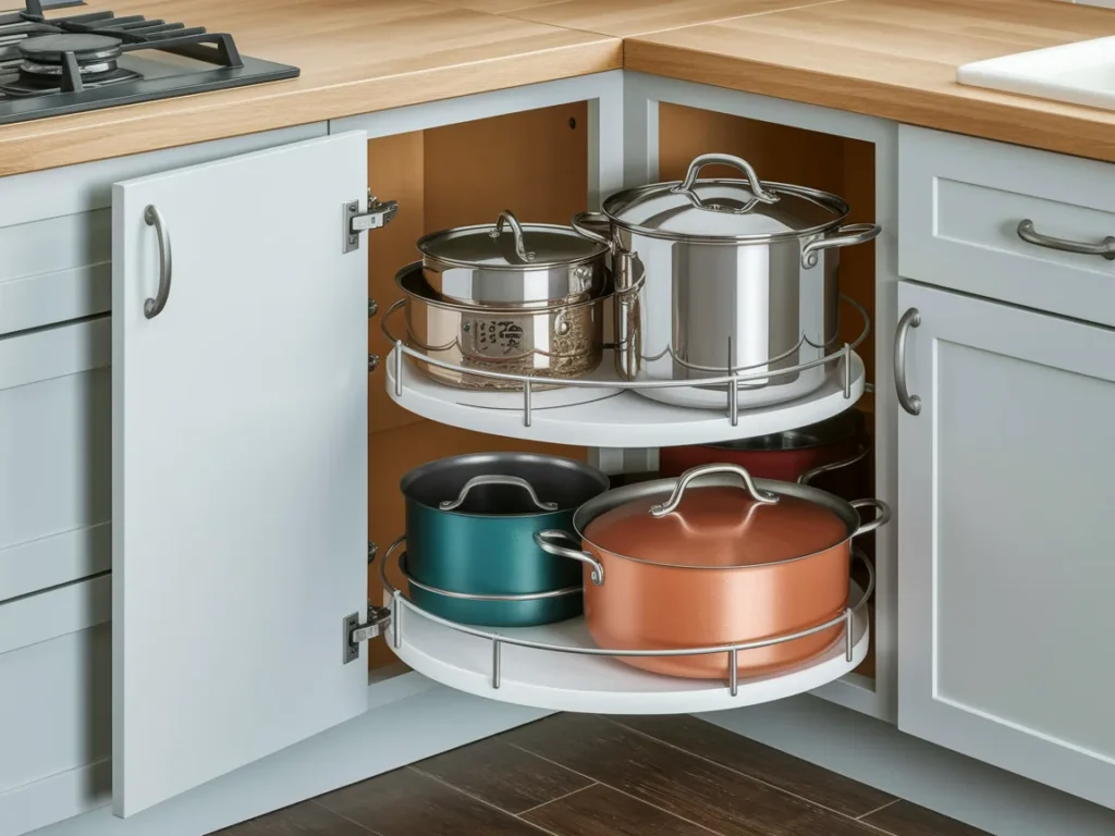  open corner cabinet revealing a two-tiered lazy Susan