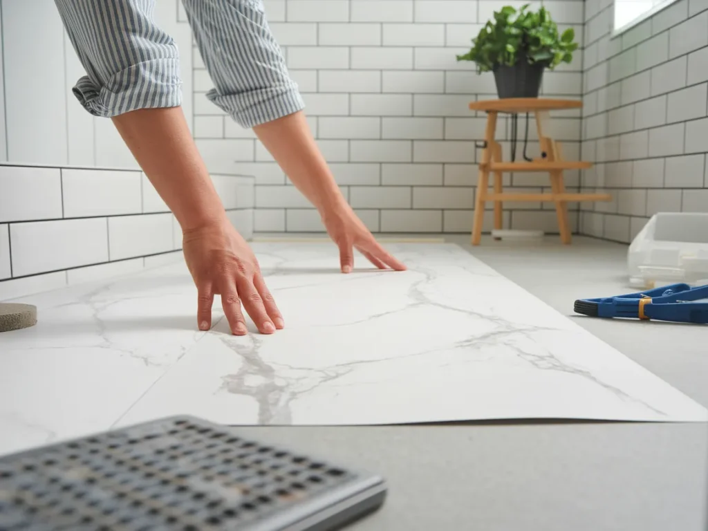 person's hands pressing down a white marble-look peel