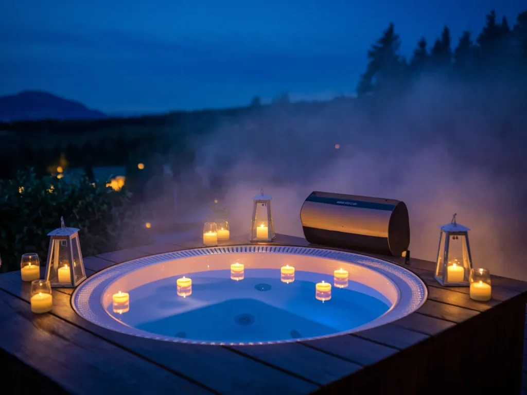 romantic evening scene at a 2 person outdoor jacuzzi