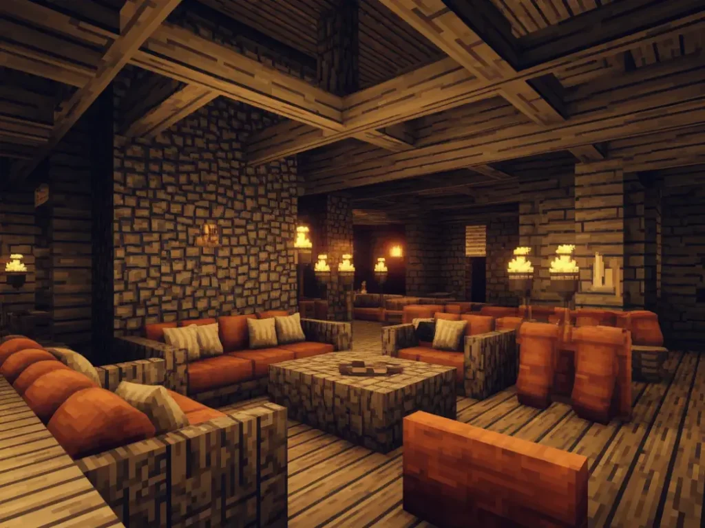 rugged Minecraft cabin living room with mixed