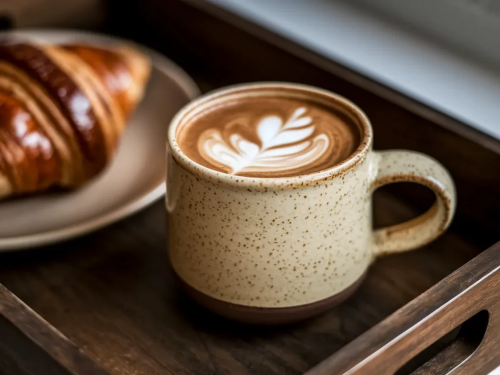 rustic handmade ceramic coffee mug with a comfortable curved