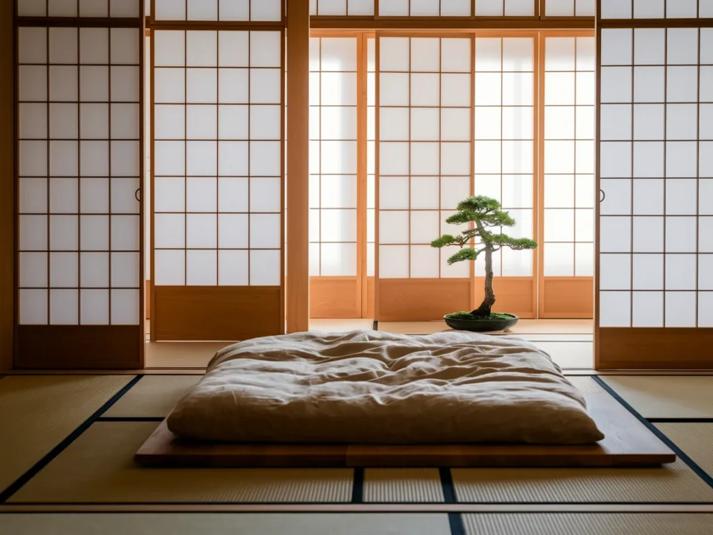 serene Japandi apartment space with a low platform bed
