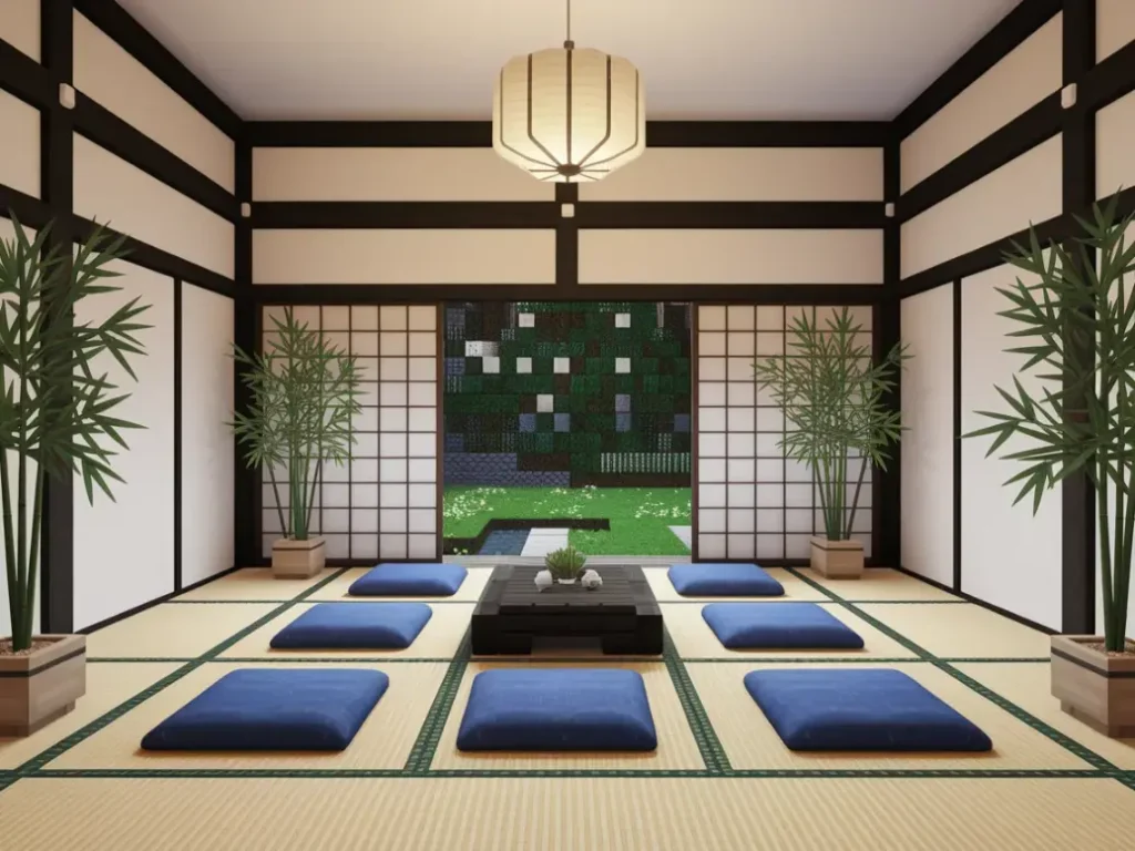 serene Minecraft Japanese-style living room with white walls