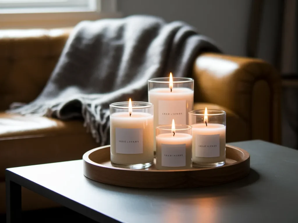 set of three elegant candles in glass jars