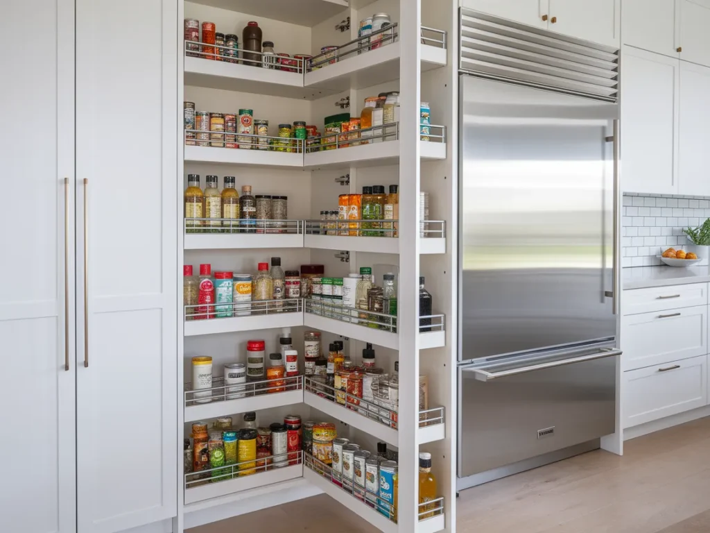 slim pull-out pantry cabinet open to reveal 