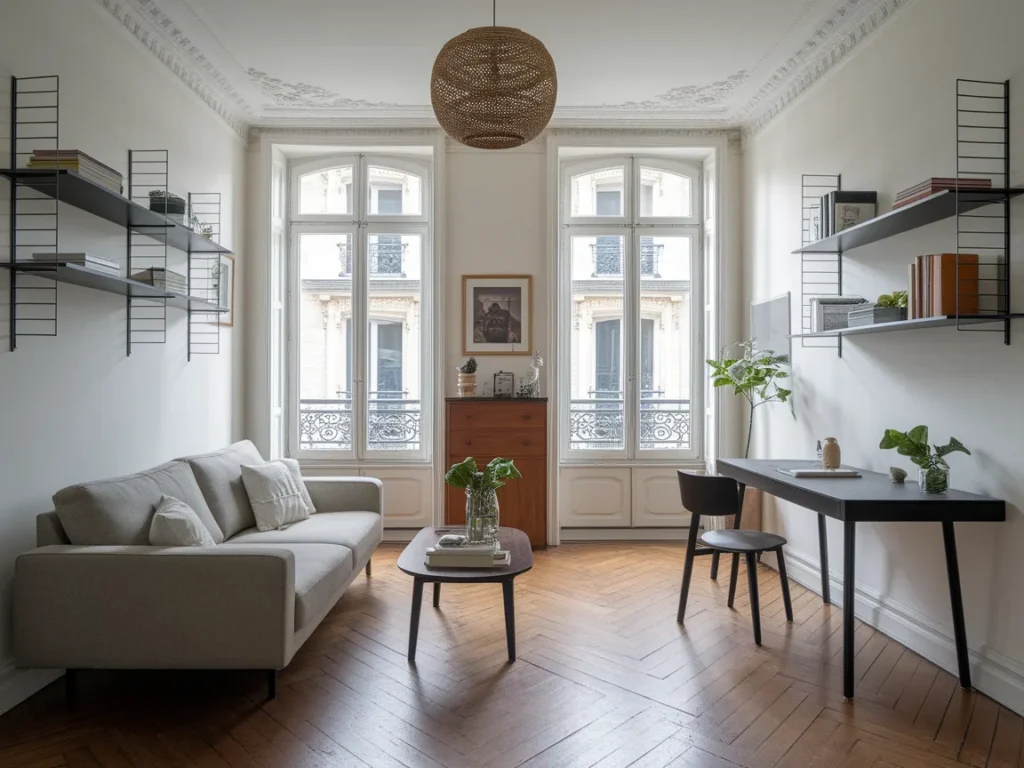 small Parisian studio apartment with a sofa floating