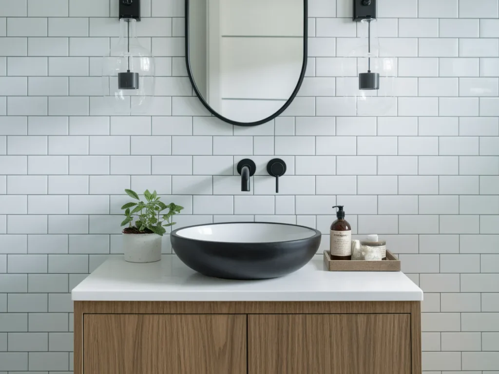 small bathroom vanity with a fresh white countertop
