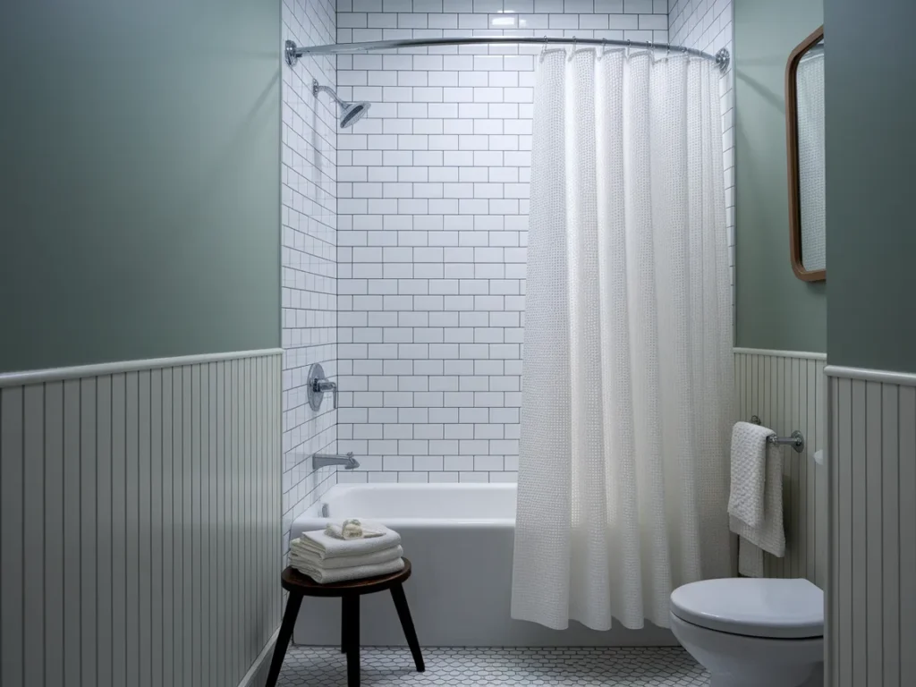 small bathroom with a white waffle-weave shower