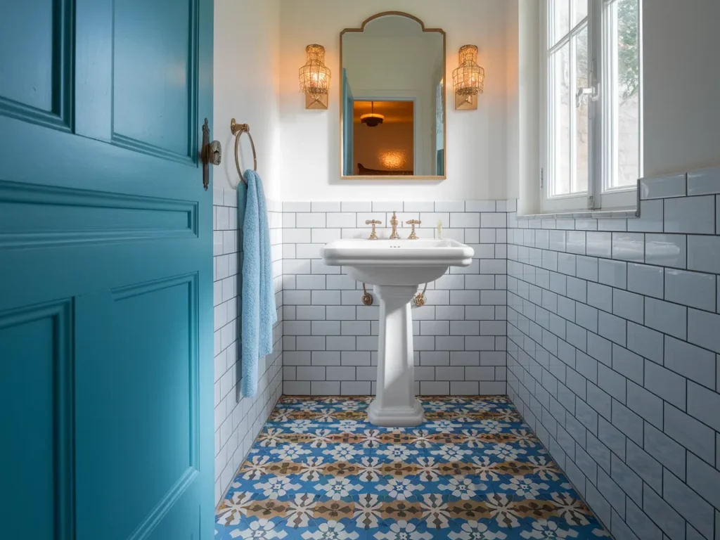 small bathroom with colorful Moroccan-style