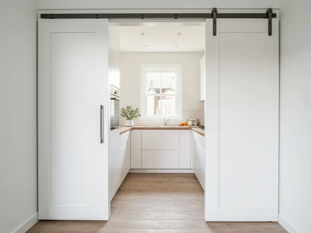 small kitchen entrance showing a sleek pocket door