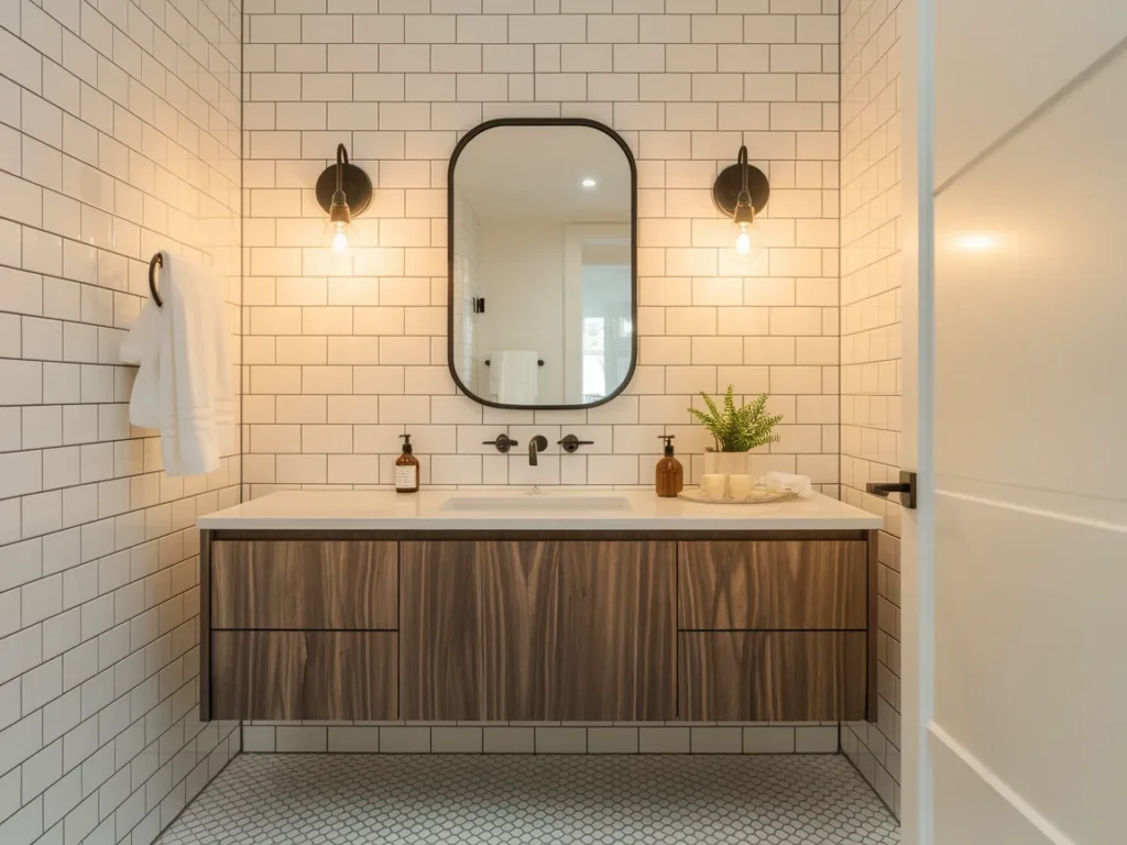 small modern bathroom with two sleek black wall sconces