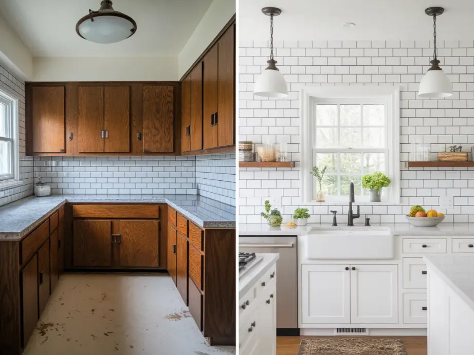 split image showing a before-and-after kitchen remodel