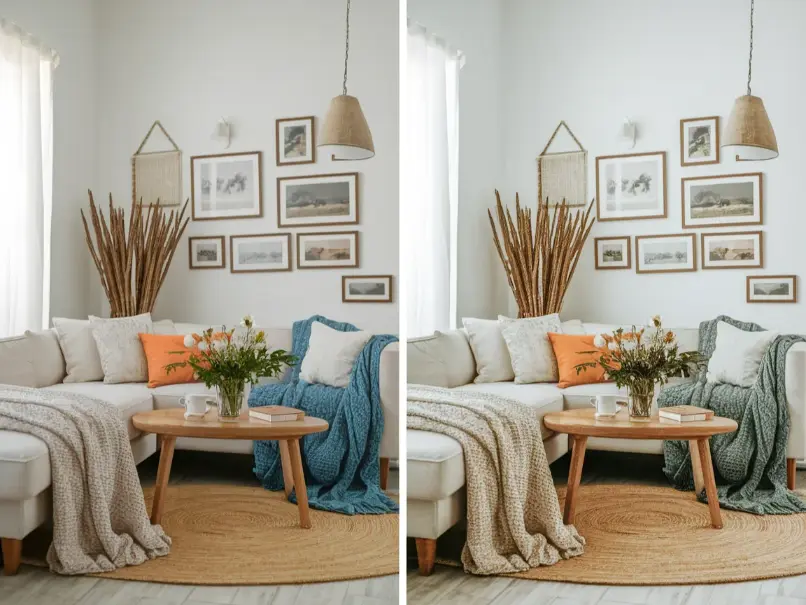 split image showing the same farmhouse living room