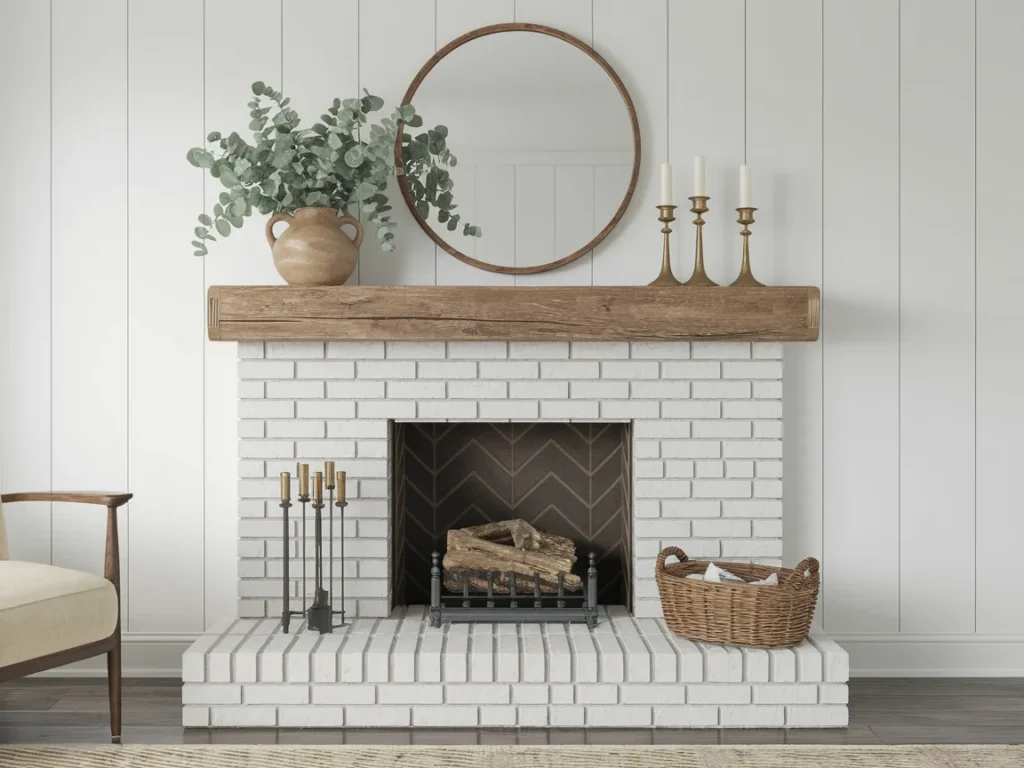 stunning farmhouse fireplace with a whitewashed