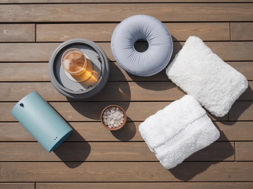 styled flat lay of essential hot tub accessories