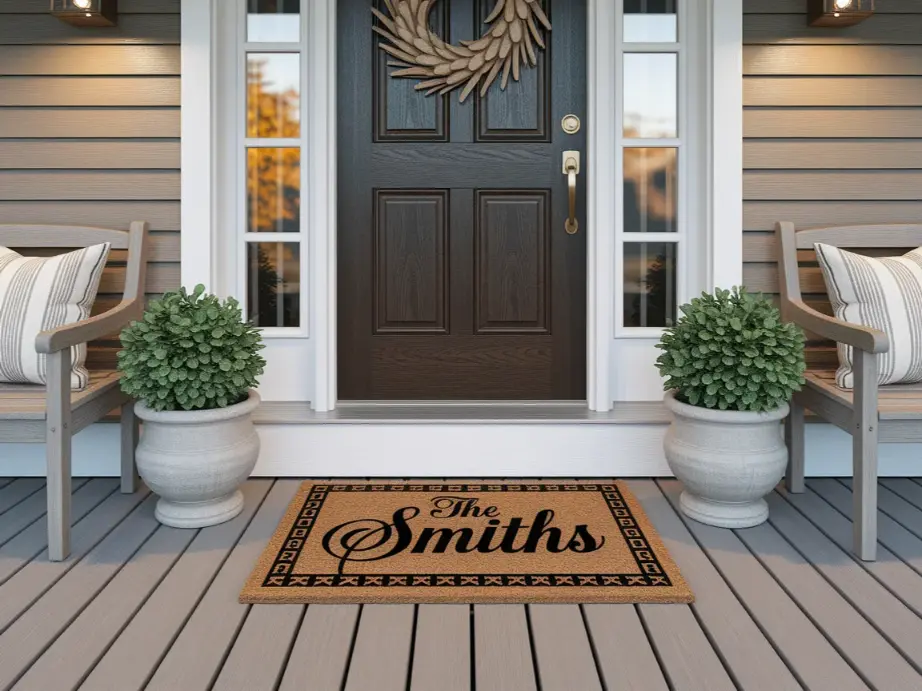 stylish coir doormat with The Smiths in elegant black script sitting
